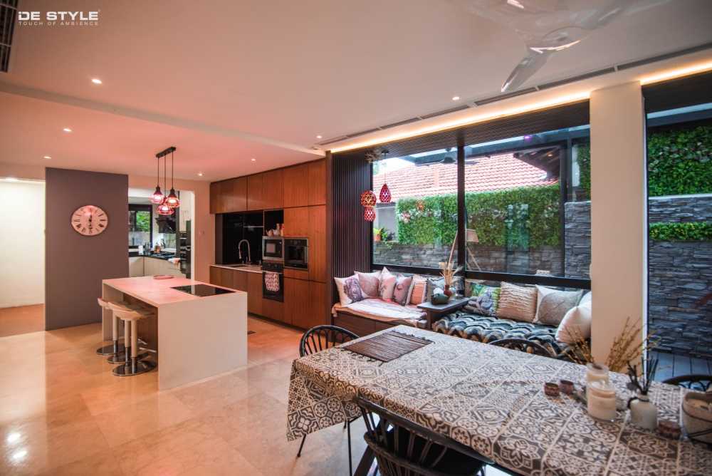 Asian Dining Room with Kitchen Island and Dining Table