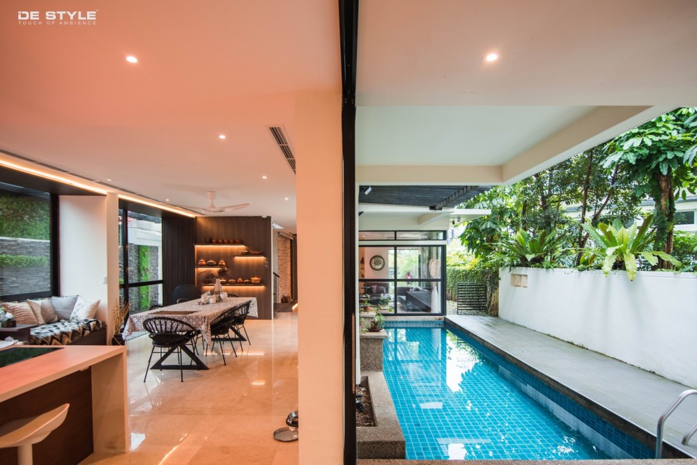 Asian Pool with Awning and Metal Gate