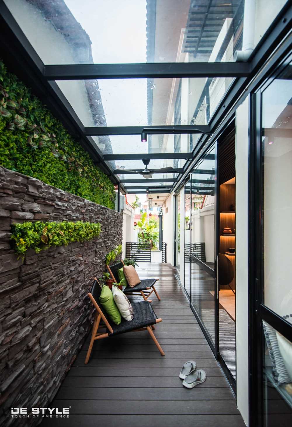 Asian Courtyard with Wood Flooring and Awning