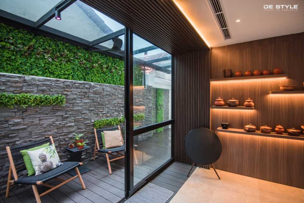 Asian Courtyard with Wood Flooring and Awning