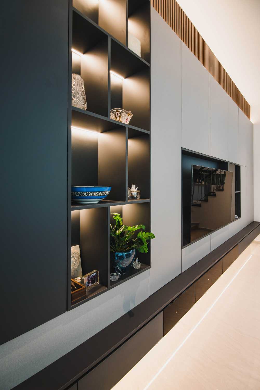 Contemporary Living Room with TV Console and Feature Wall