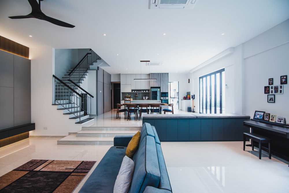 Contemporary Living Room with Homogeneous Tiles and TV Console