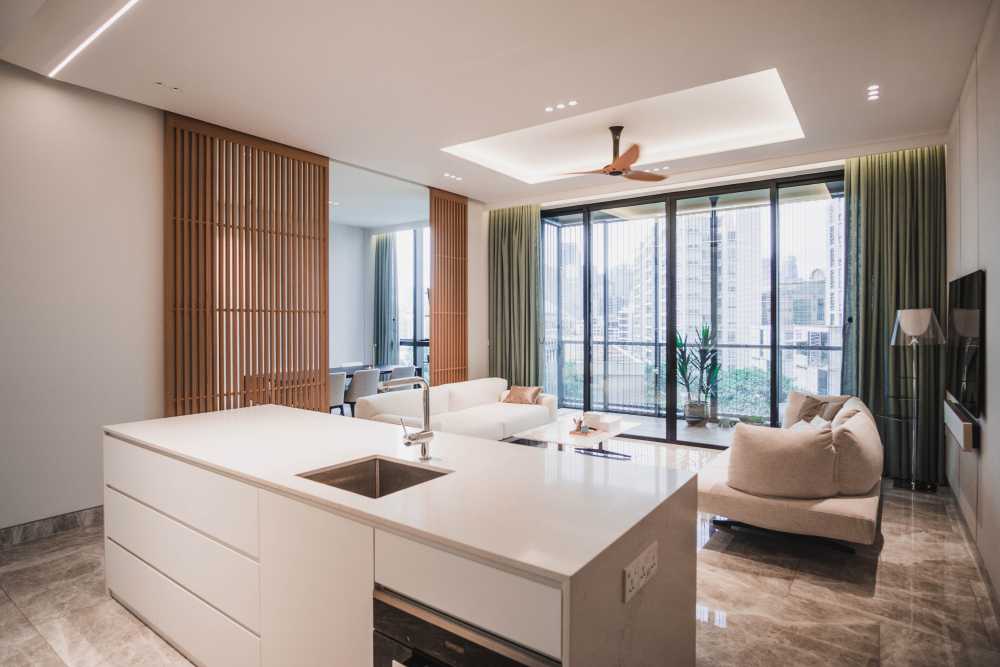 Minimalist Living Room with Countertop and Kitchen Island