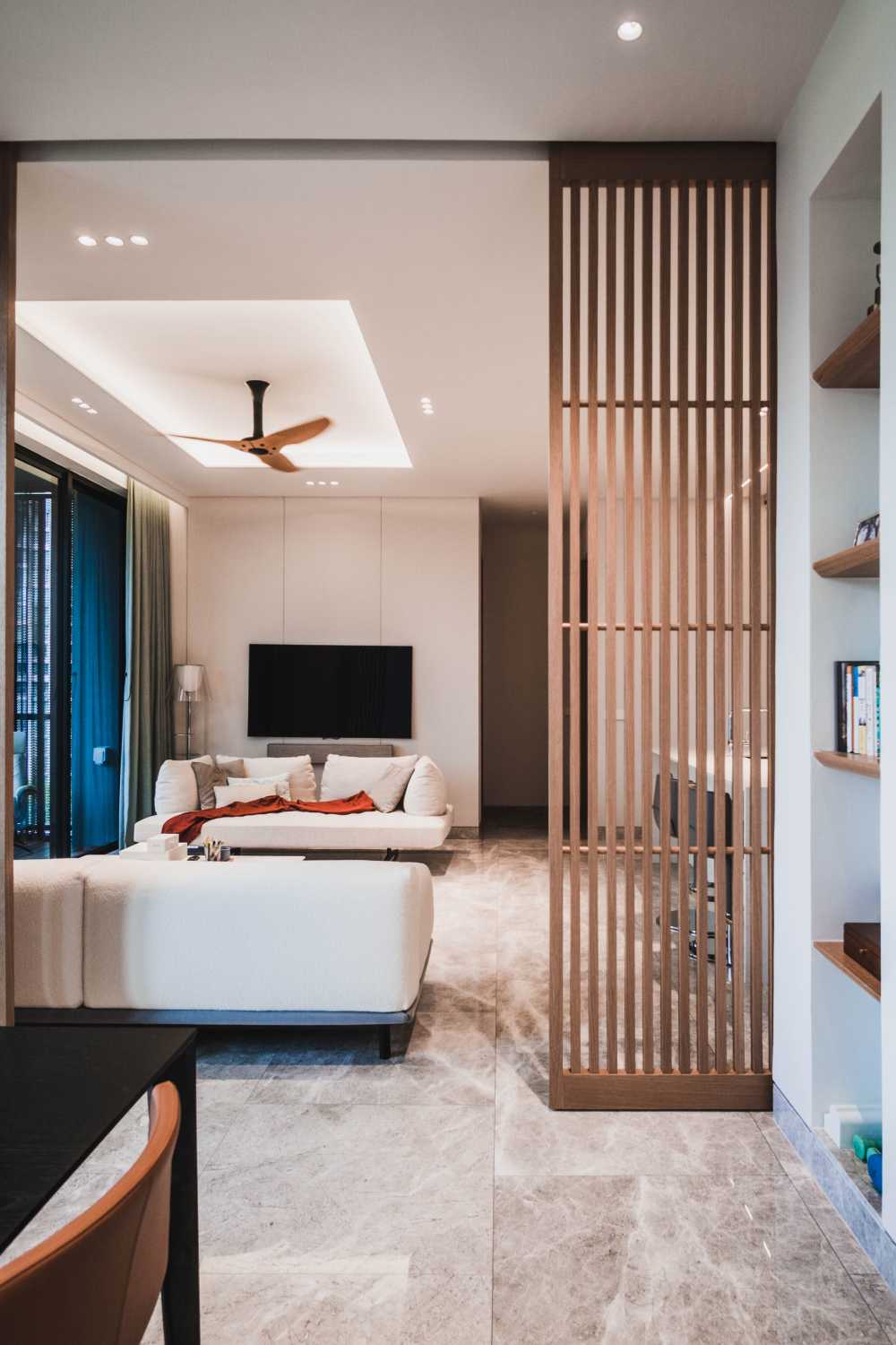 Minimalist Living Room with Marble Floor and Flooring