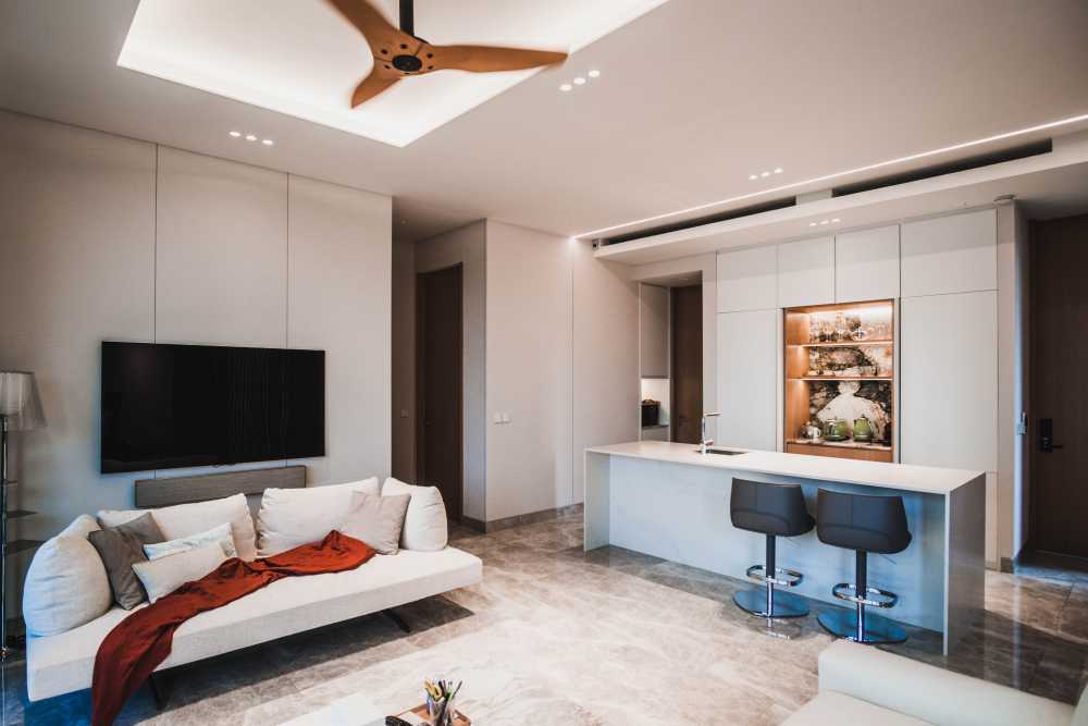Minimalist Living Room with Kitchen Island and Sofa