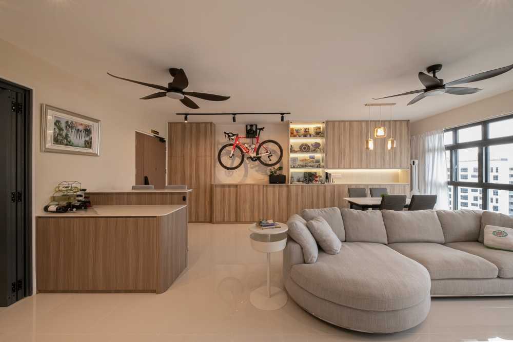 Minimalist Living Room with TV Console and Chandelier