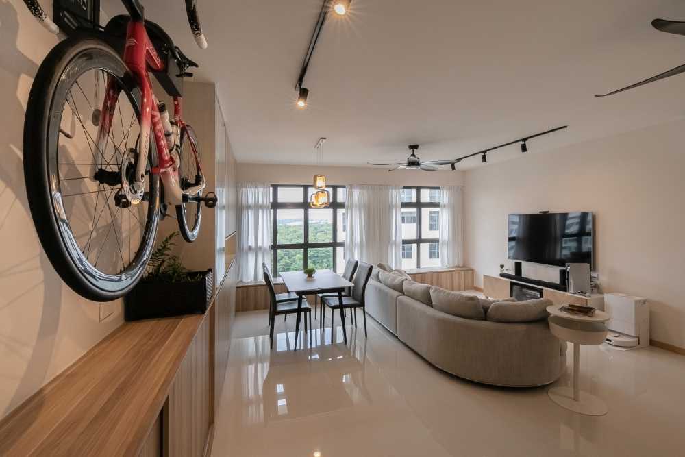 Minimalist Dining Room with TV Console and Sofa
