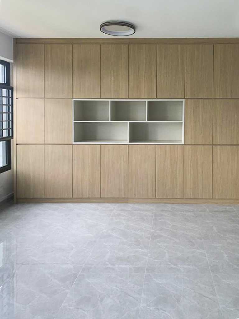 Scandinavian Living Room with Bookshelf and Granite Floor