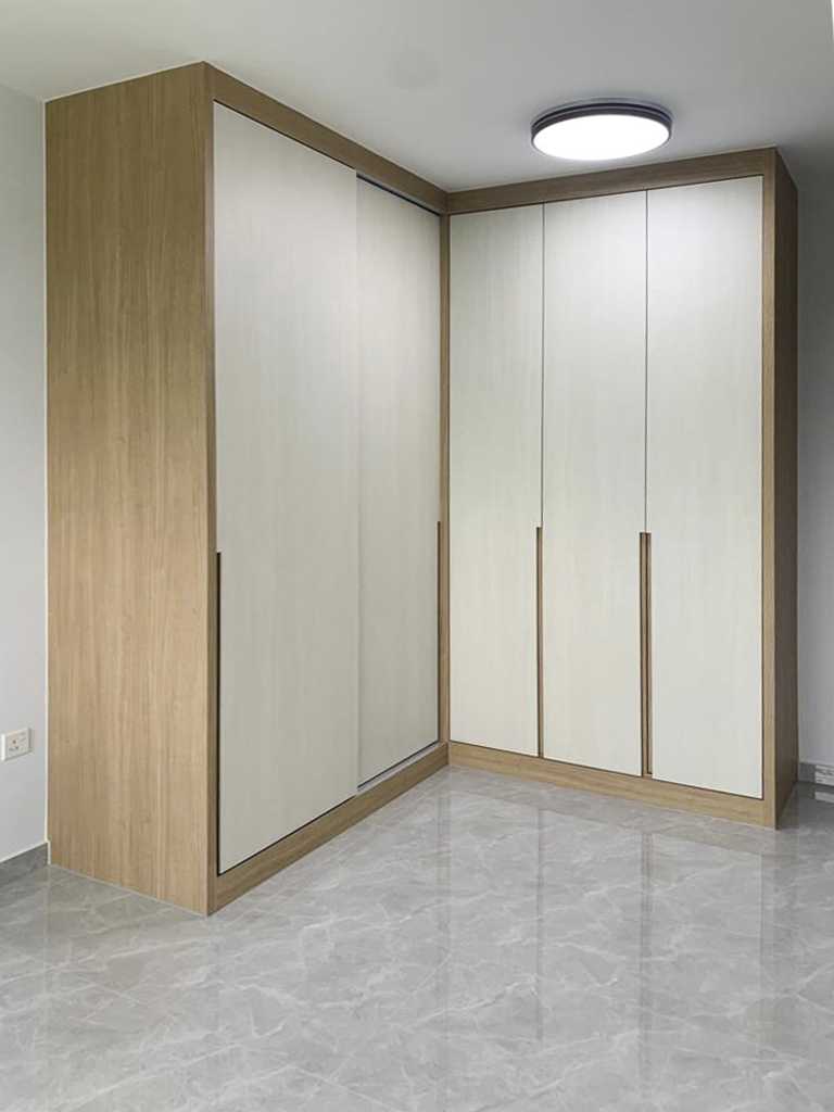 Scandinavian Bedroom with Bookshelf and Wardrobe