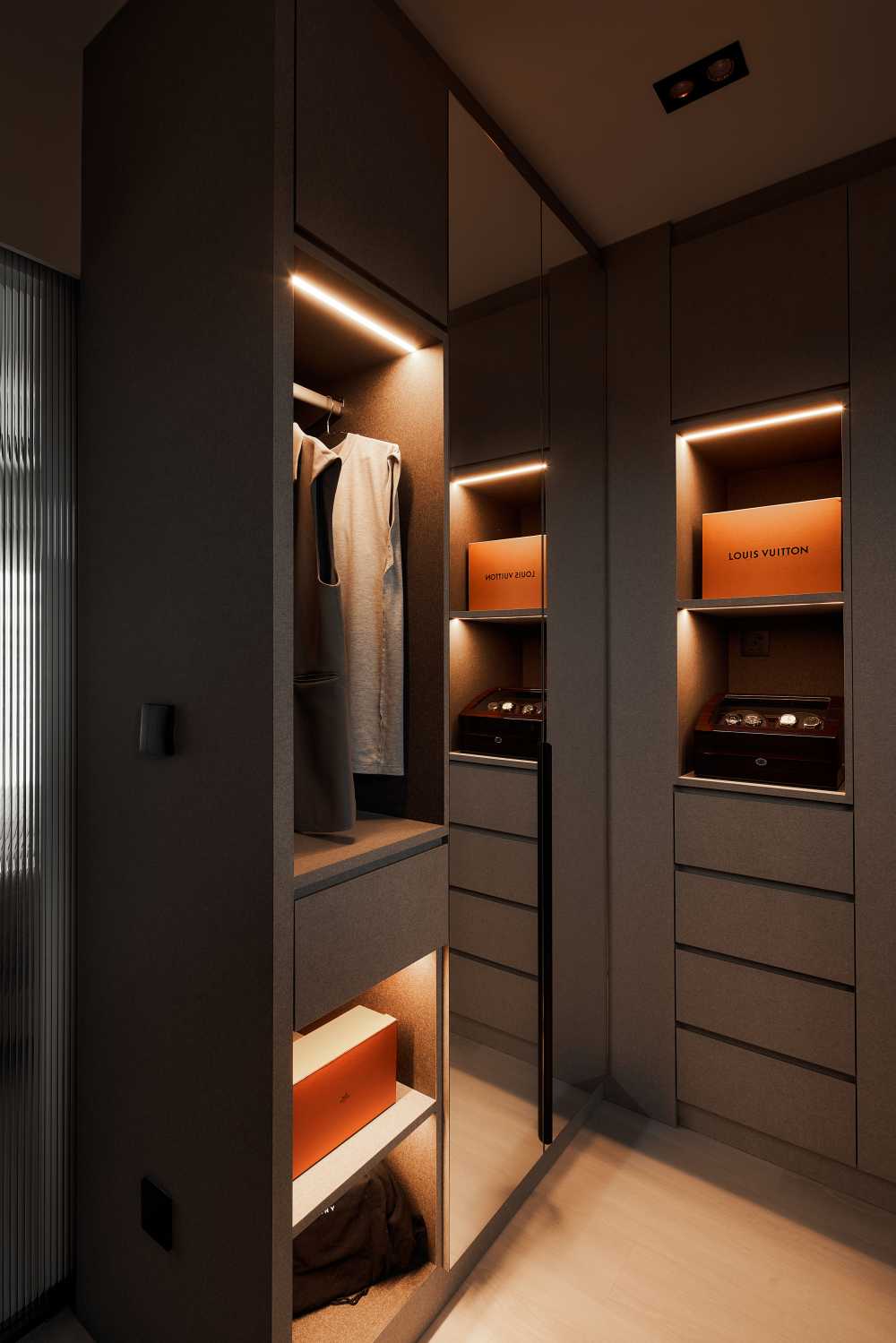 Modern Walk-in Wardrobe with Mirror and Wardrobe