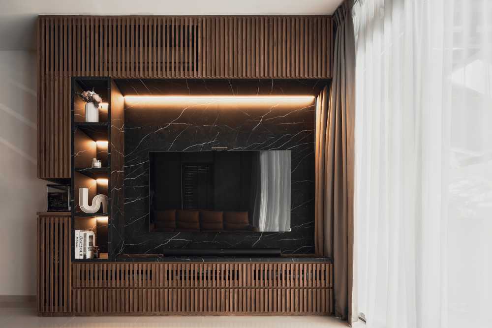 Modern Living Room with Bookshelf and Downlights