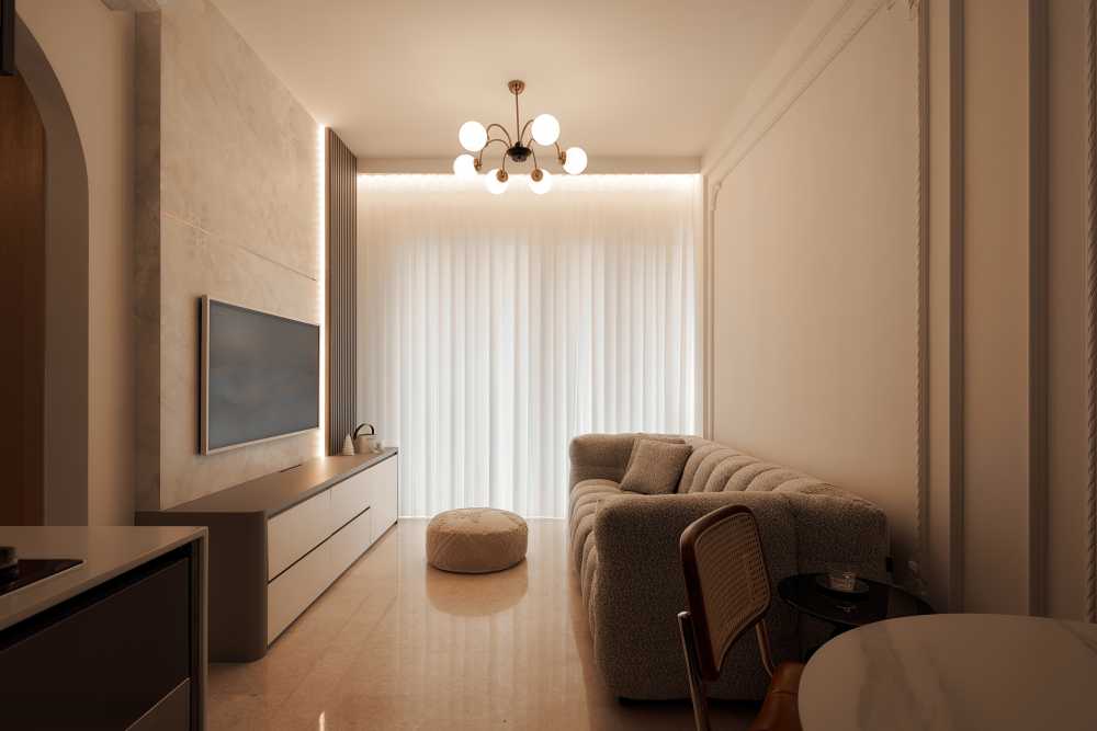 Vintage Living Room with TV Console and Ceiling Light