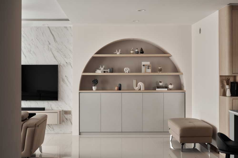 Scandinavian Living Room with Marble Floor and Feature Wall