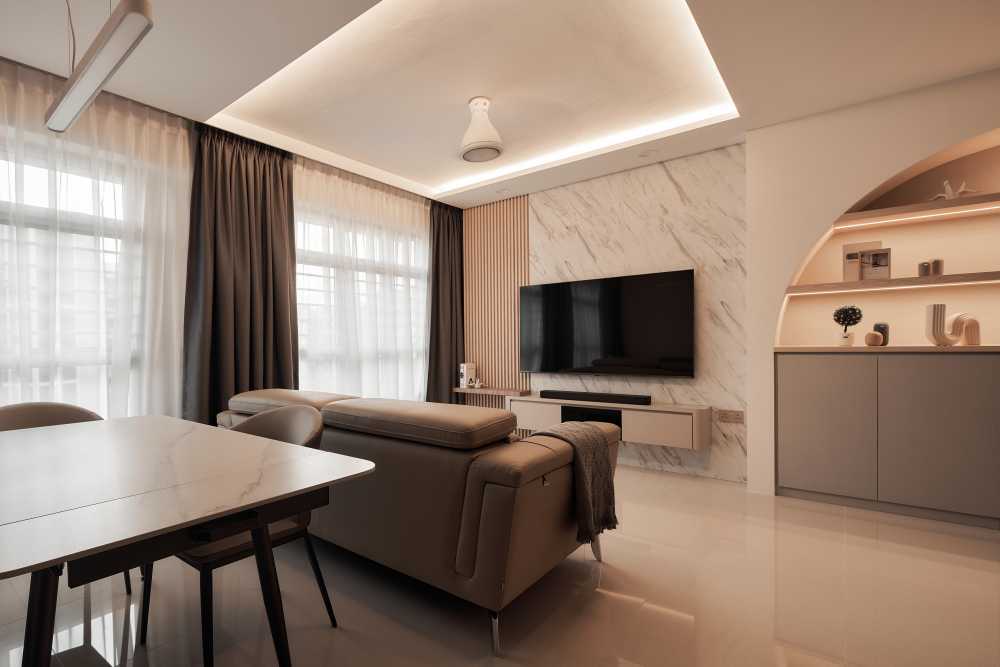 Scandinavian Living Room with Marble Floor and Ceiling Light