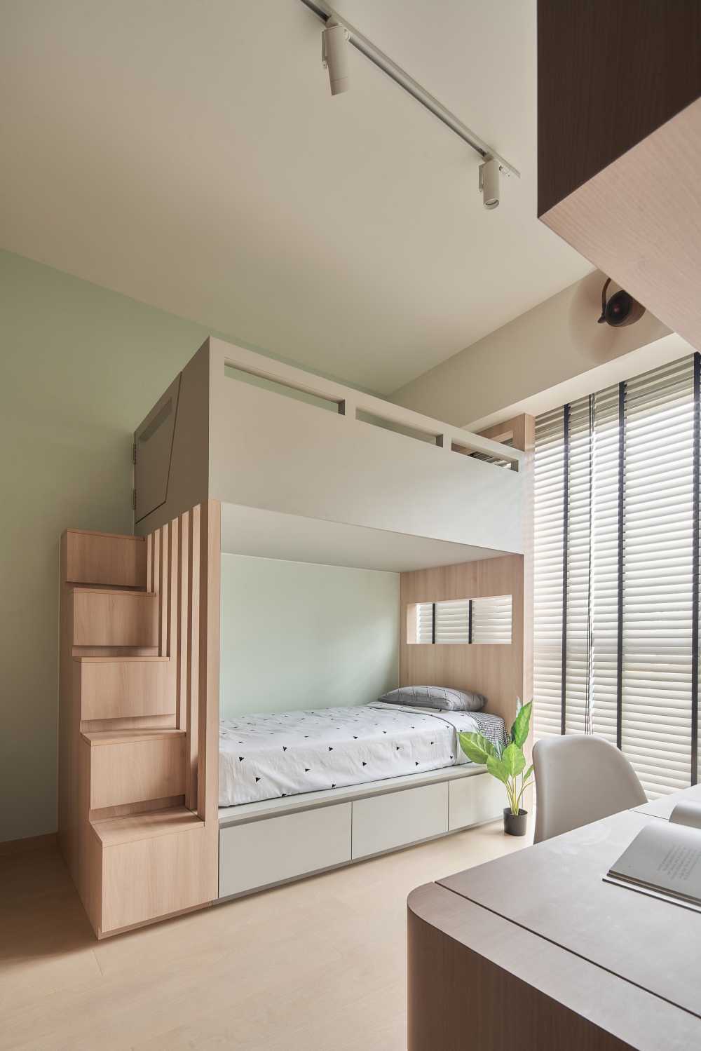 Modern Bedroom with Platform Bed and Children's Beds