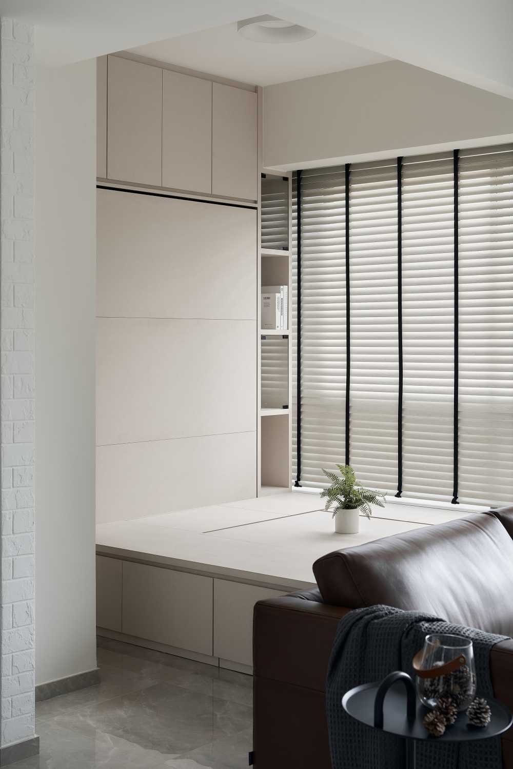 Modern Living Room with Bookshelf and Platform Bed