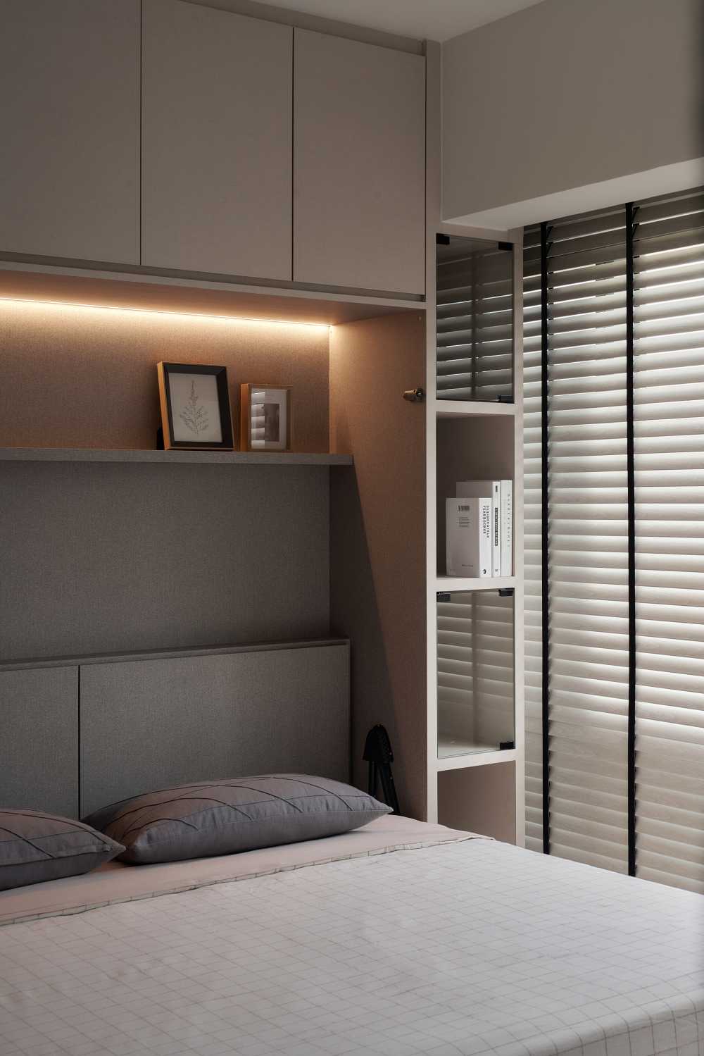 Modern Bedroom with Bookshelf and Platform Bed