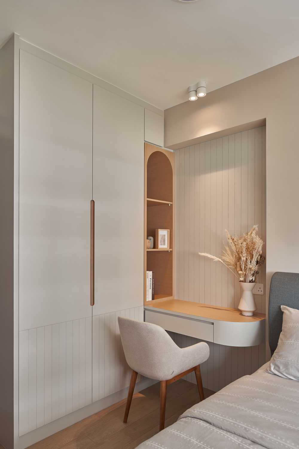 Scandinavian Bedroom with Bookshelf and Platform Bed