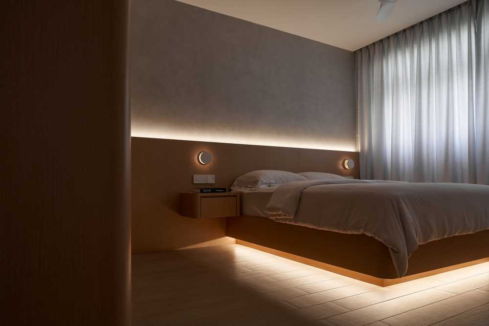 Scandinavian Bedroom with Platform Bed and Flooring