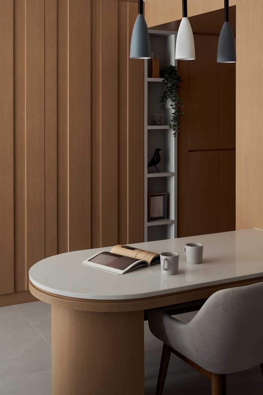 Scandinavian Dining Room with Drop Light and Dining Table