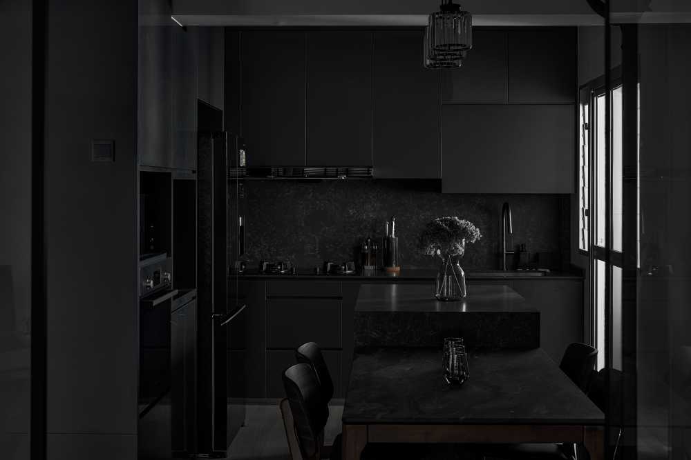 Modern Dining Room with Drop Light and Downlights