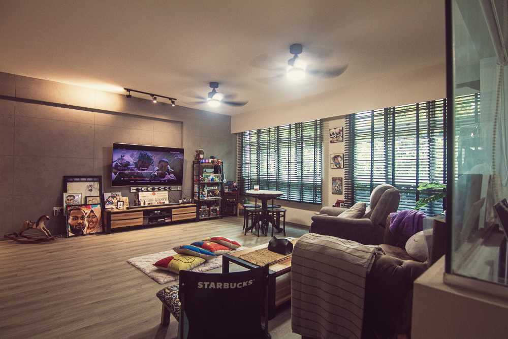 Industrial Living Room with Vinyl Flooring and TV Console