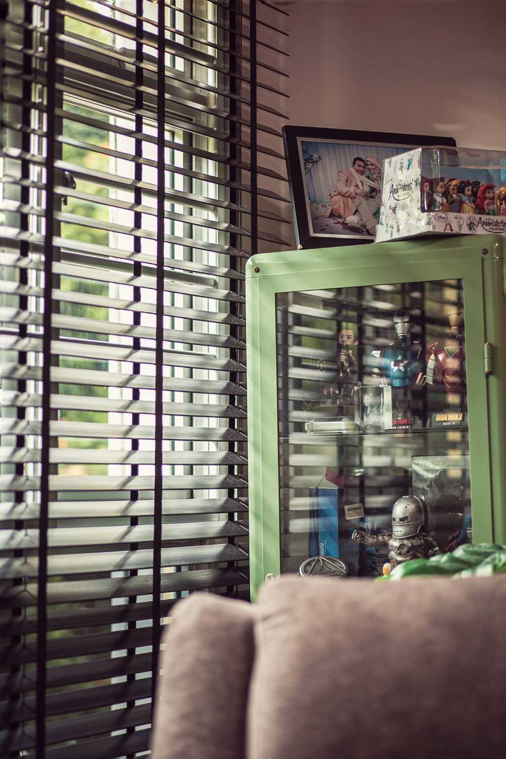 Industrial Living Room with Sofa and Display Cabinets