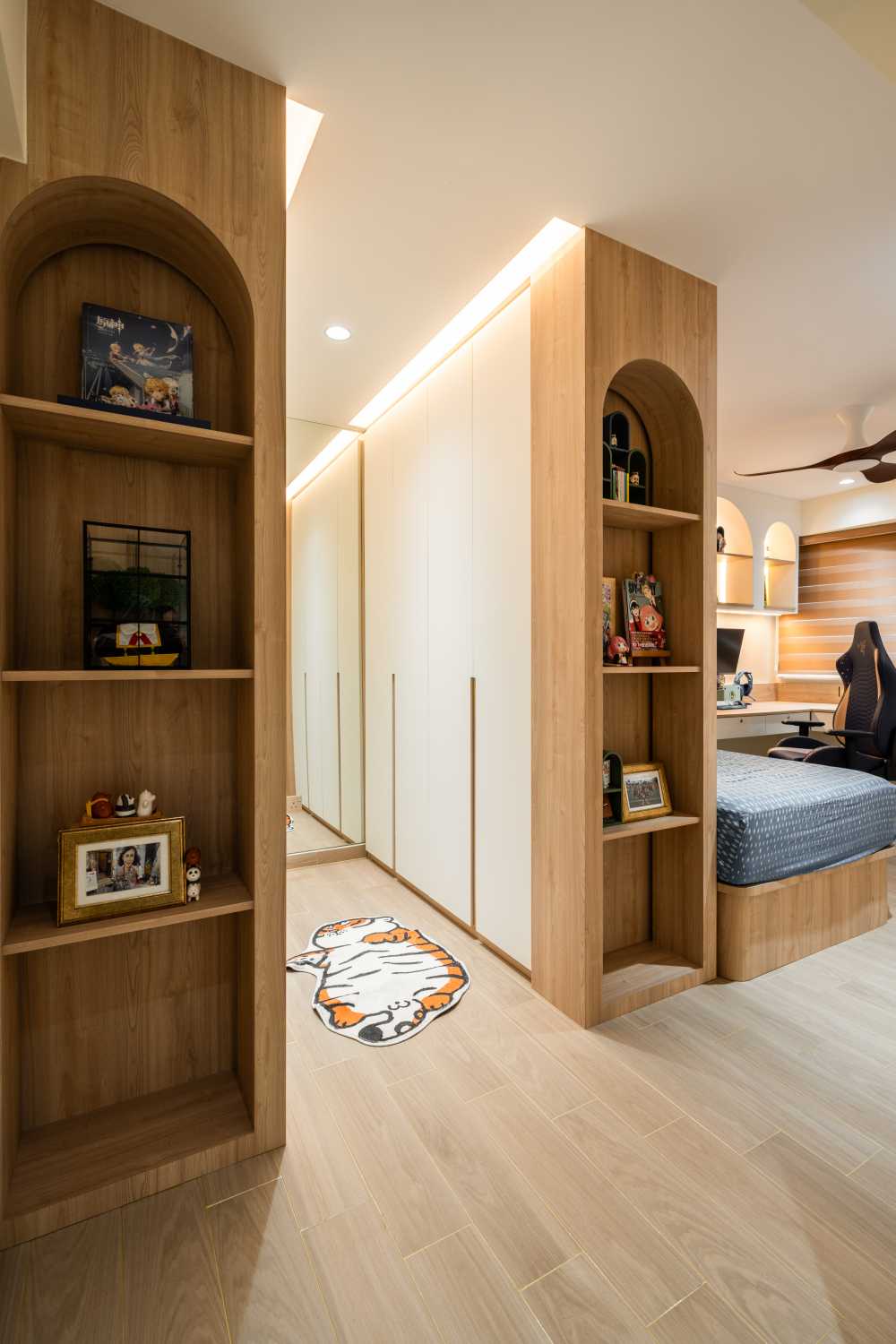 Modern Bedroom with Wood Flooring and Drop Ceiling
