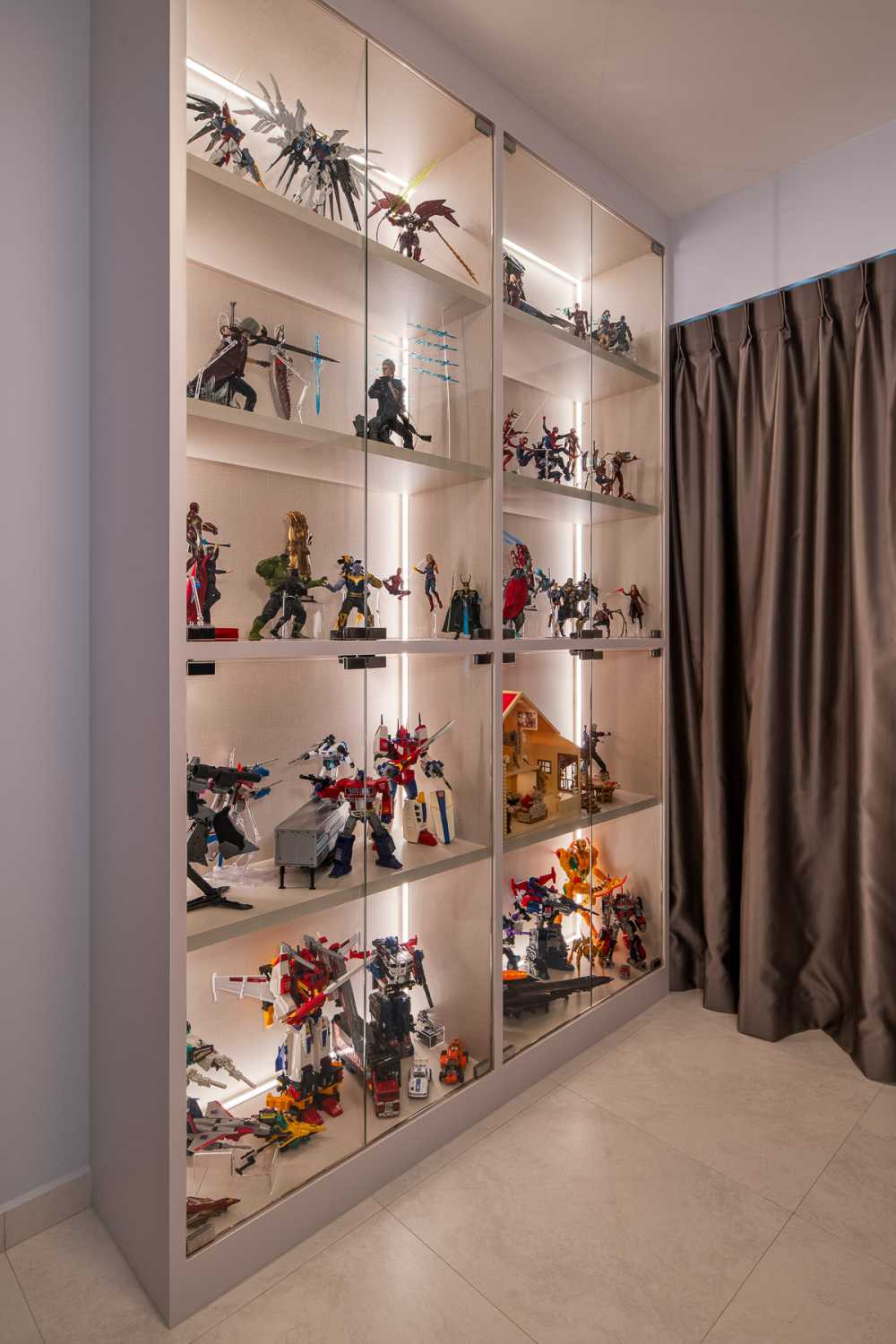 Contemporary Bedroom with Bookshelf and Cove Lighting