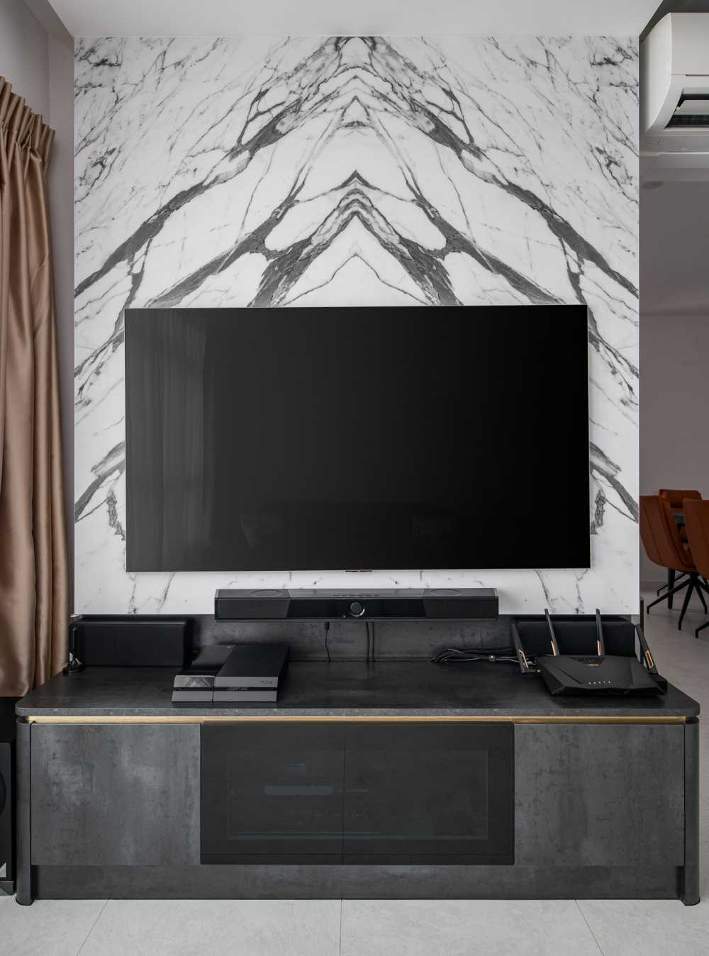 Contemporary Living Room with Feature Wall and Display Cabinets