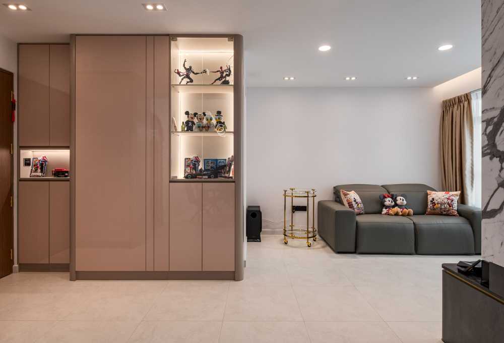 Contemporary Living Room with Bookshelf and Homogeneous Tiles