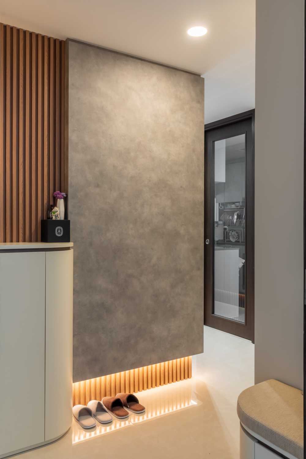 Modern Entryway with Feature Wall and Seating Bench