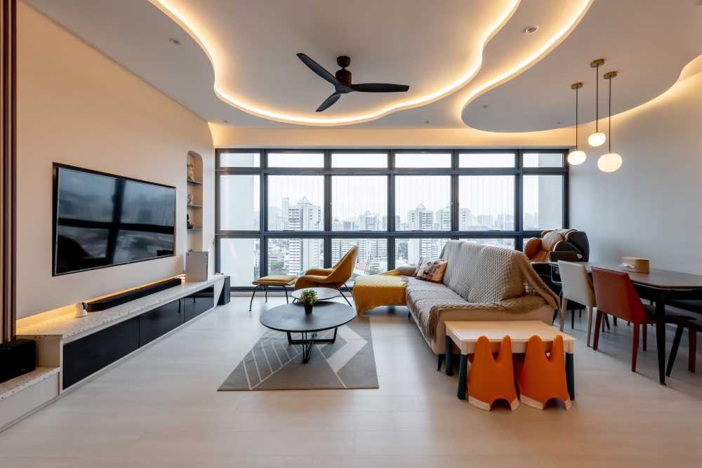Modern Living Room with TV Console and Ceiling Light