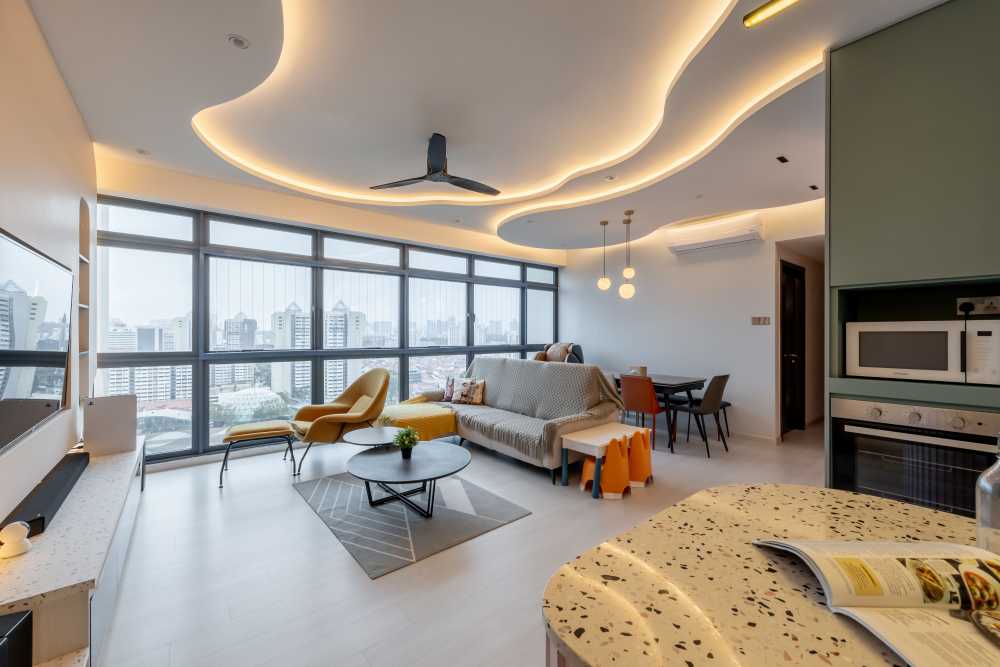 Modern Living Room with TV Console and Ceiling Light