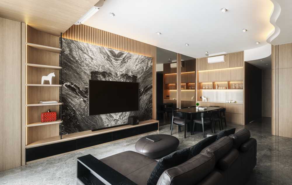 Modern Living Room with Bookshelf and TV Console