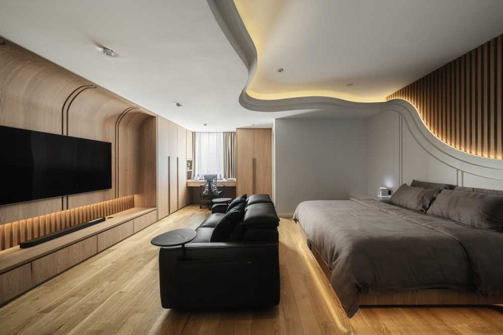 Modern Bedroom with TV and Flooring