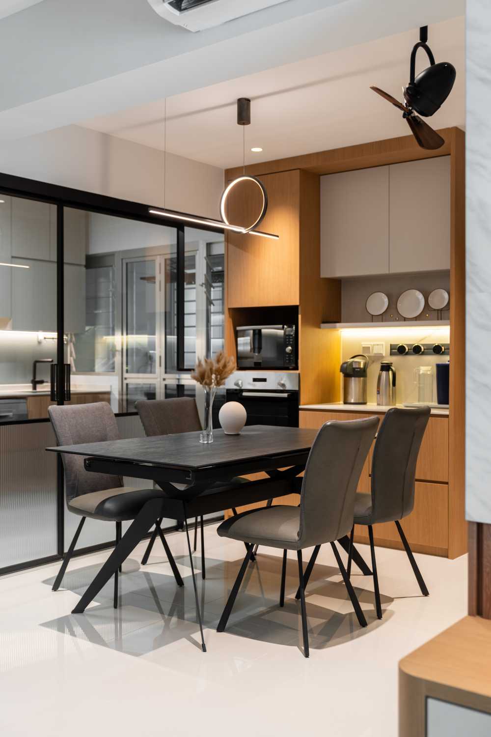 Modern Dining Room with Drop Ceiling and Ceiling Light