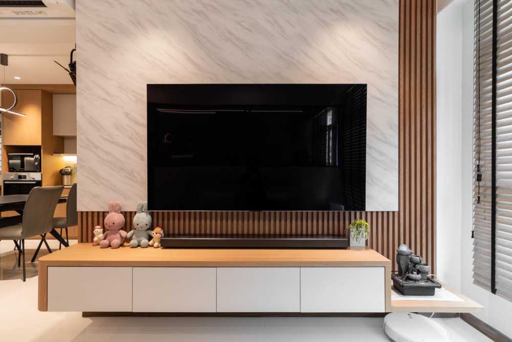 Modern Living Room with Homogeneous Tiles and TV Console