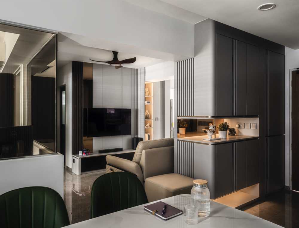 Contemporary Living Room with Bookshelf and TV Console