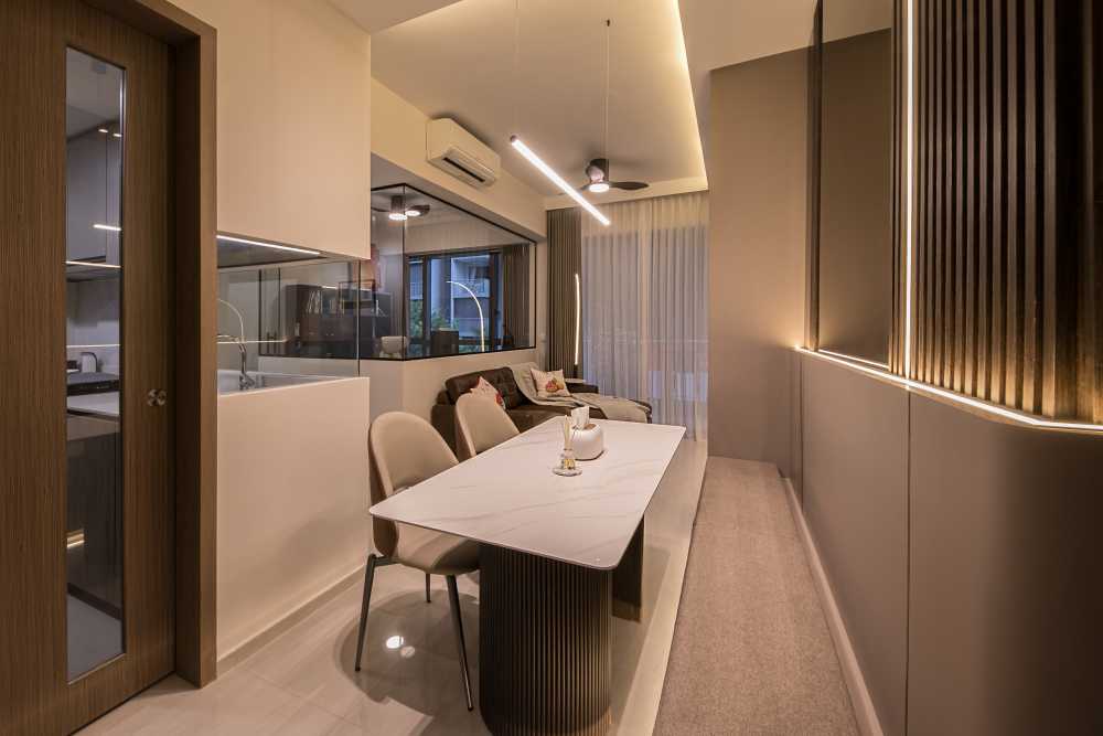 Contemporary Dining Room with Drop Light and Dining Table