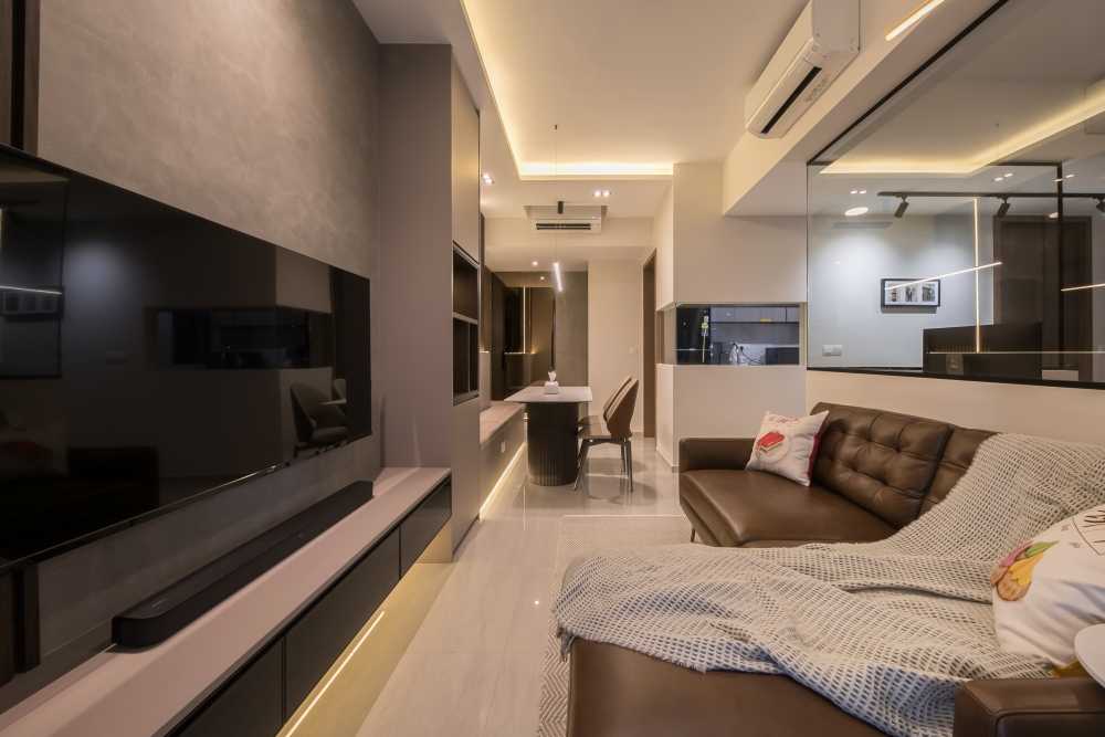 Contemporary Living Room with TV Console and Ceiling Light