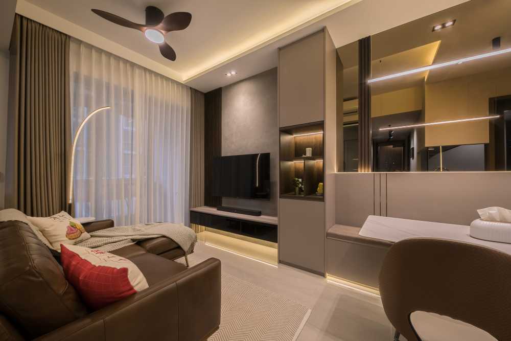 Contemporary Living Room with TV Console and Drop Light