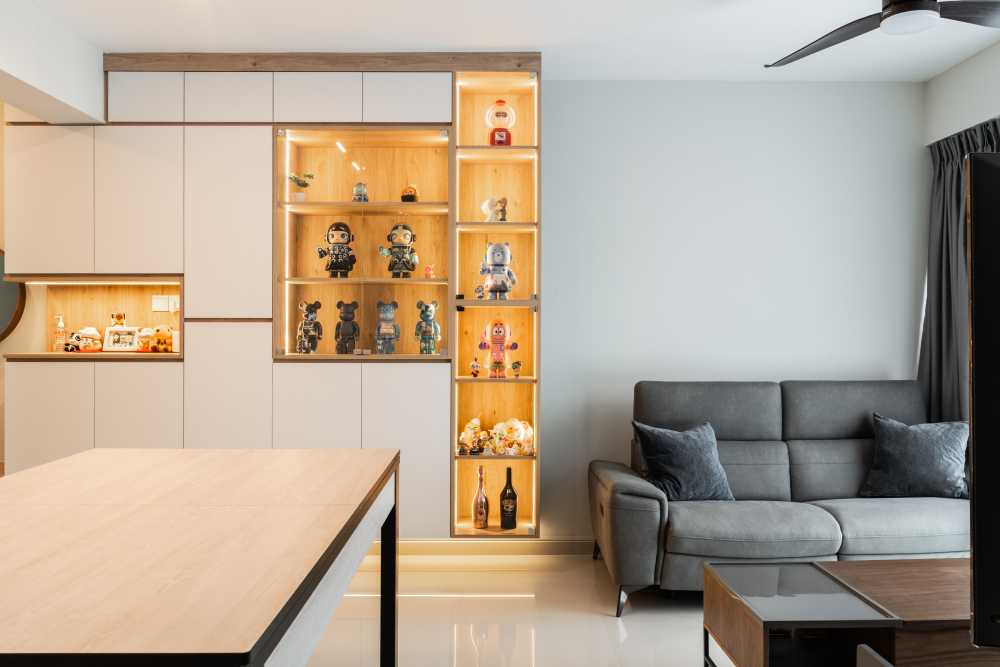 Scandinavian Living Room with Homogeneous Tiles and TV Console