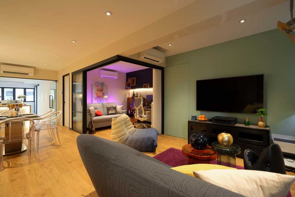 Contemporary Living Room with Bookshelf and Vinyl Flooring