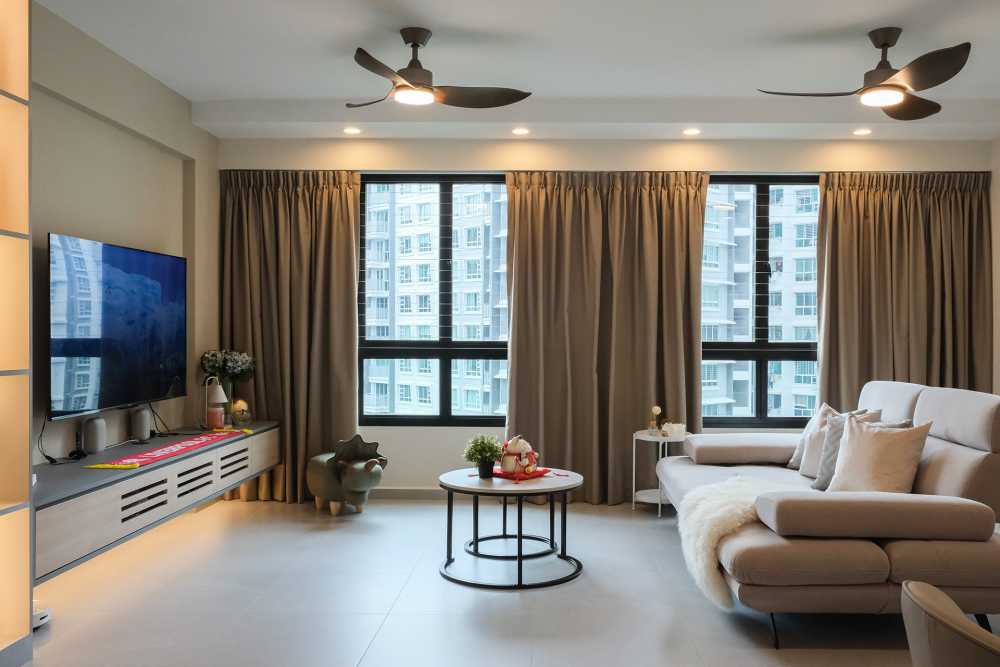 Contemporary Living Room with Homogeneous Tiles and TV Console