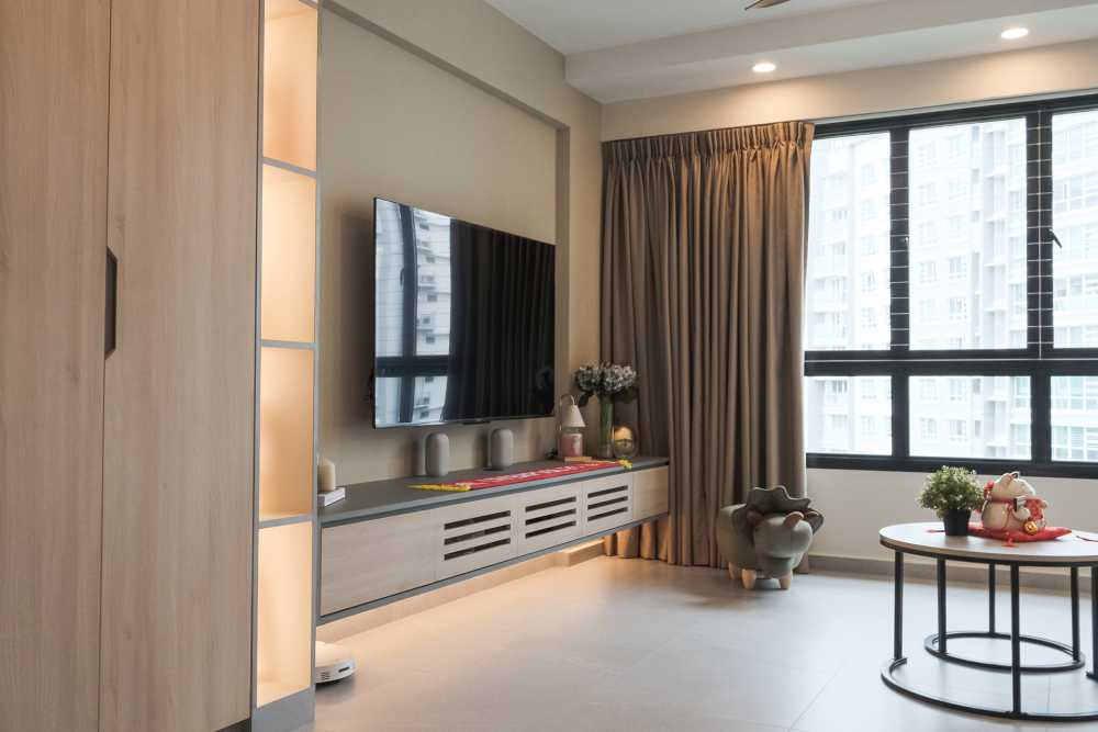 Contemporary Living Room with Homogeneous Tiles and TV Console