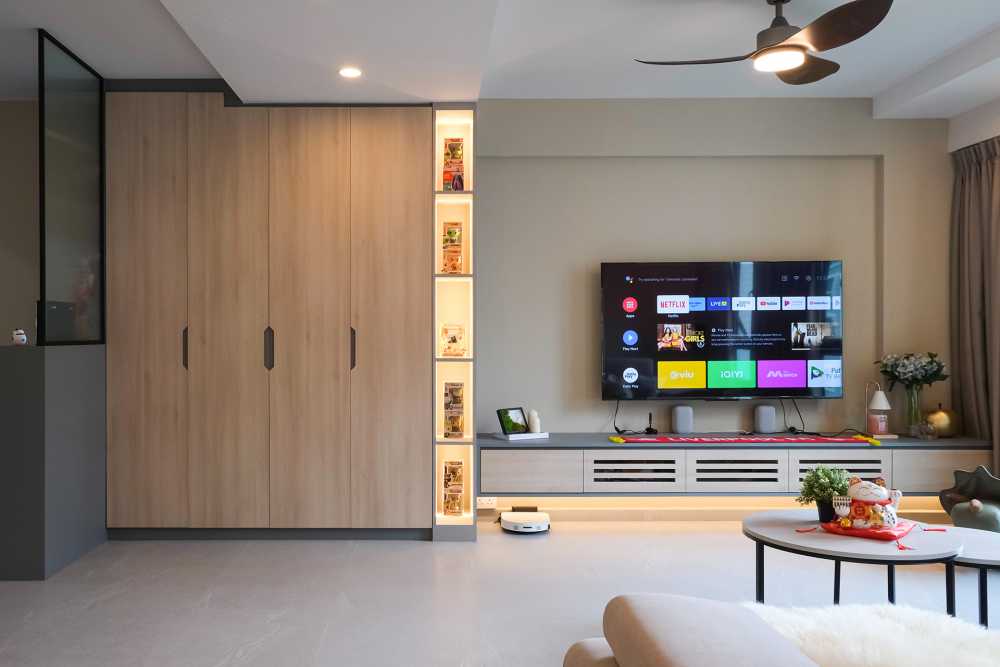 Contemporary Living Room with Homogeneous Tiles and TV Console