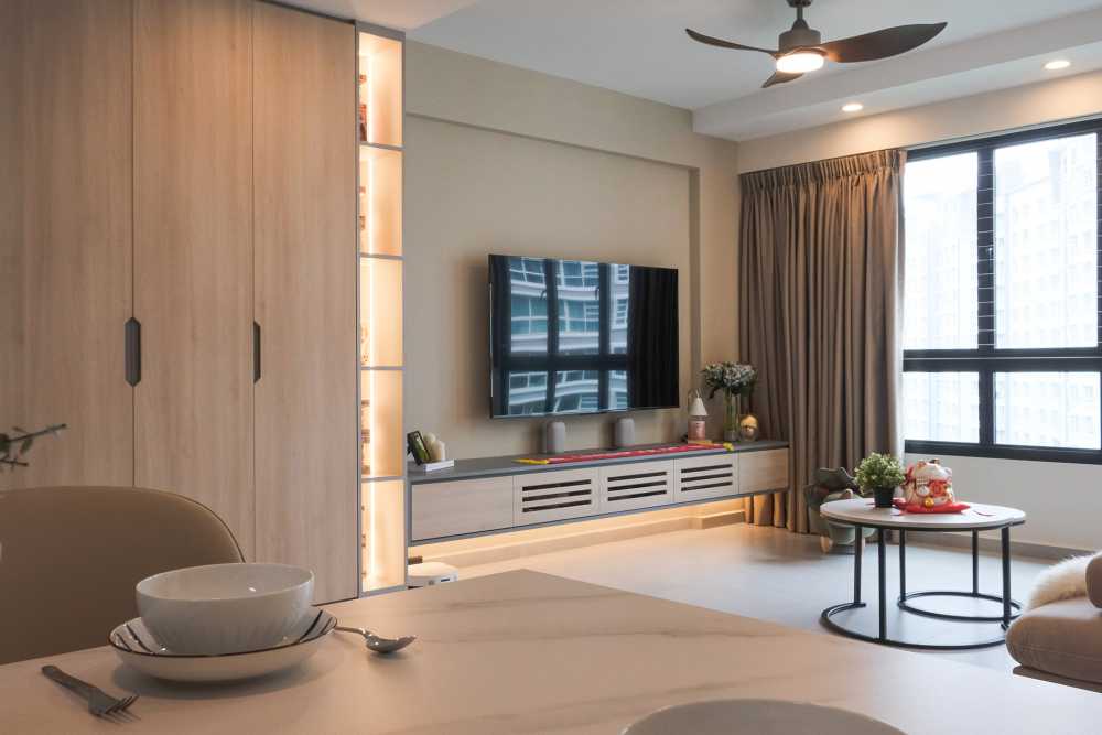 Contemporary Living Room with Homogeneous Tiles and TV Console
