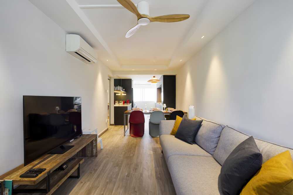 Contemporary Living Room with Vinyl Flooring and Downlights