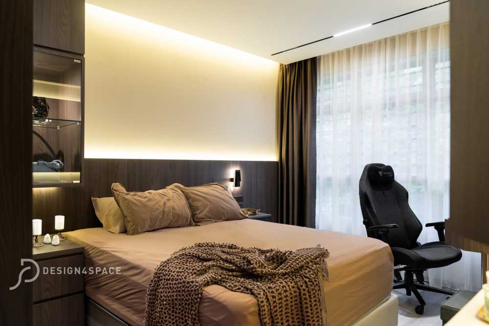 Modern Bedroom with Wood Flooring and Built-in Bed
